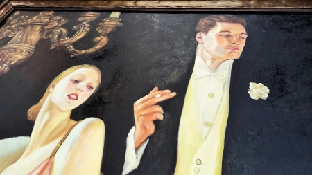 SD043A, Couple mondain, Art déco, encadrement patine dorée,155x164cm. Collection Starsdeco.