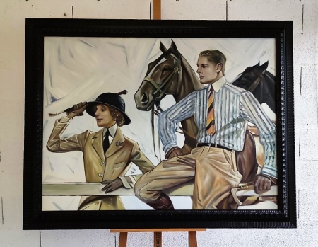 Art déco, Journée à l'hippodrome, encadrement baroque, 115x164cm